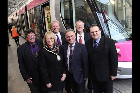 Unveiling of the first of the new CAF Urbos 3 trams for Midland Metro.